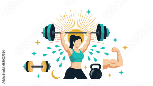 Dynamic fitness icon set with female weightlifter in flat style with barbell and kettlebell symbols