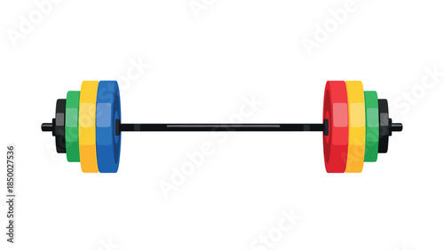 Colorful barbell with multicolored weight plates on white background