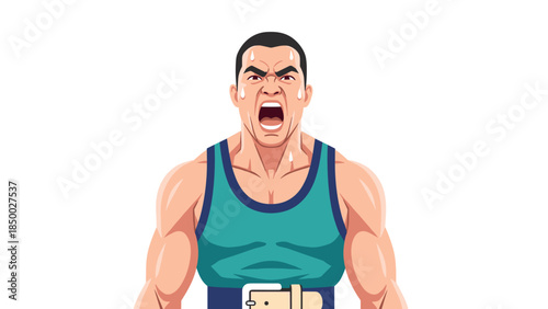 Animated angry athlete yelling with determined expression in tank top