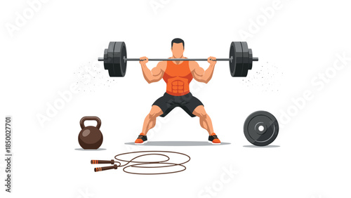Fitness enthusiast weightlifting with equipment in flat style