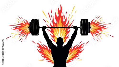 Dynamic weightlifting silhouette with fiery burst background