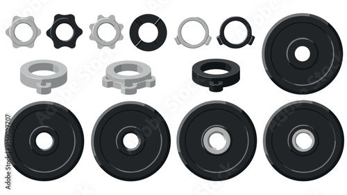 Flat dumbbell collars and weight plates: fitness equipment set in black and white