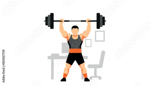 Office workout: man lifting barbell in home office environment