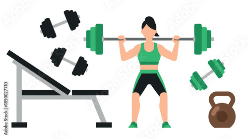 Fitness training with weights and equipment in flat design style