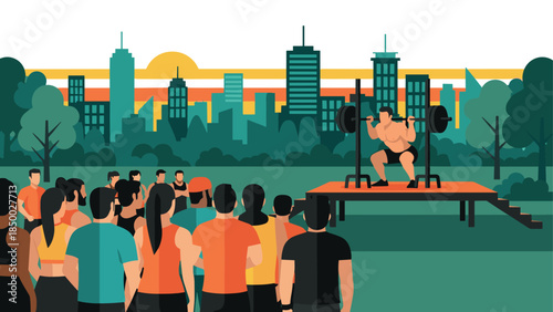 Group witnesses workout performance in urban park setting at sunrise