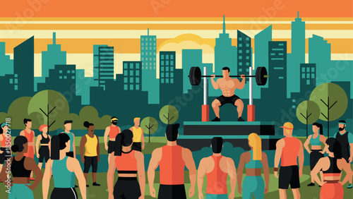 Outdoor group workout with bodybuilder lifting weights in urban park setting