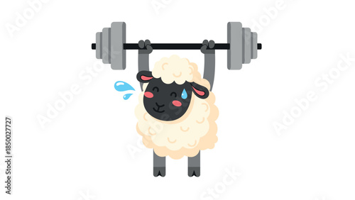 Cute cartoon sheep lifting heavy barbell with determination and sweat drops