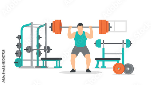 Man weightlifting in gym setting with modern equipment in flat design