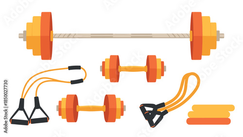 Flat style gym equipment set with dumbbells and resistance bands