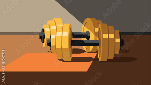 Geometric dumbbells in modern gym setting with bold shadows