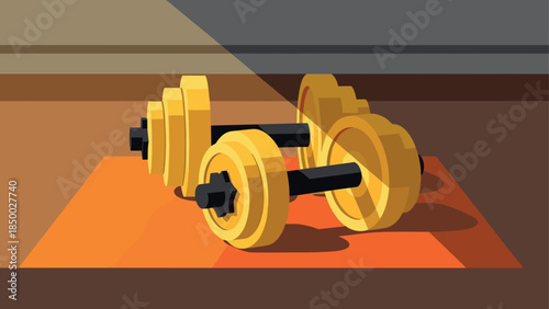 Bright dumbbell pair on orange mat with geometric shadows in home gym