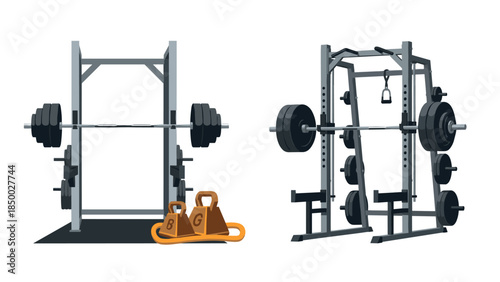 Modern gym equipment with barbell, plates, and kettlebells for fitness and strength training