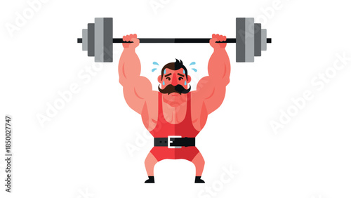 Strongman lifting weights in cartoon style with mustache and red outfit