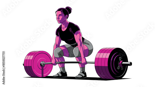 Female athlete performing deadlift with heavy weights in dynamic colorful design