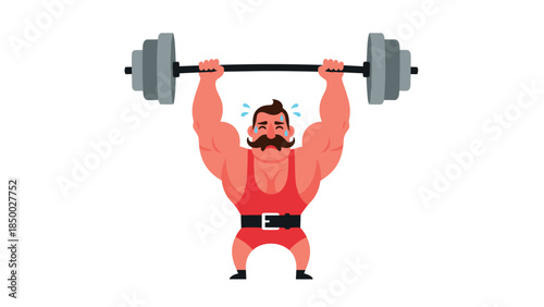 Strongman in red suit lifting barbell with determination