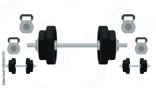 Gym equipment set with dumbbells and kettlebells in a minimalist design
