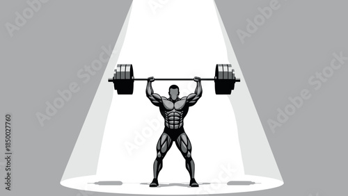 Spotlight on muscular weightlifter lifting heavy barbell in dramatic pose
