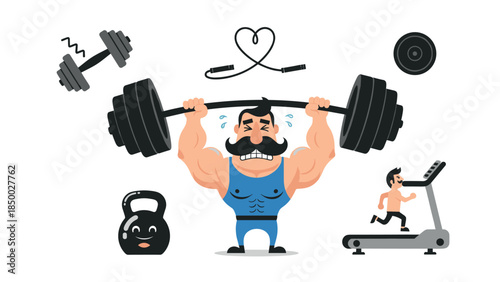 Cartoon strongman weightlifting with gym equipment and treadmill runner