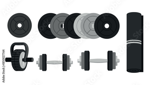 Fitness equipment set with dumbbells, weights, yoga mat, and more in modern minimalist style