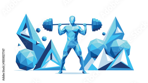 Low poly athlete lifting weights amidst geometric mountain forms