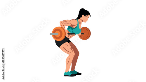 Fitness woman performing bent over row with barbell in modern flat design