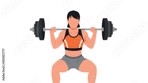 Woman weightlifting in squat pose with barbell on white background