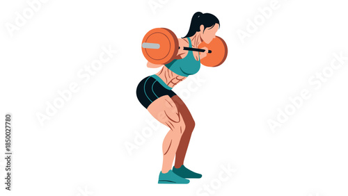 Fit woman performing squat exercise with barbell, dynamic flat design