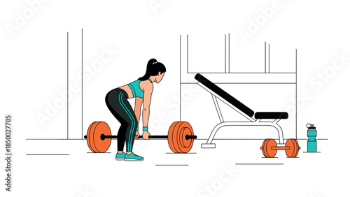 Woman lifting weights in gym with barbell and bench in minimalist style