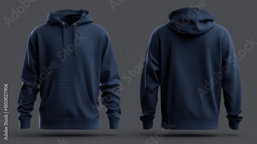 Navy blue hoodie sweatshirt mockup template featuring front and back views on a dark grey background