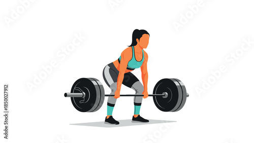 Woman lifting barbell in modern flat style illustration of weightlifting exercise
