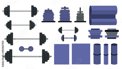 Set of gym equipment icons with dumbbells, barbells, and mats in a flat design style