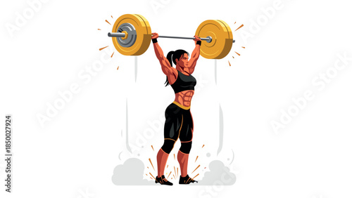 Athletic woman lifting barbell with strength and determination in dynamic illustration