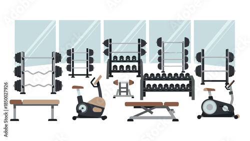 Modern gym equipment collection for fitness and exercise motivation