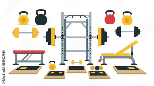 Home gym equipment set with bench, weights, and kettlebells in flat design