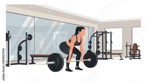 Woman lifting weights in modern gym setting with athletic gear and equipment