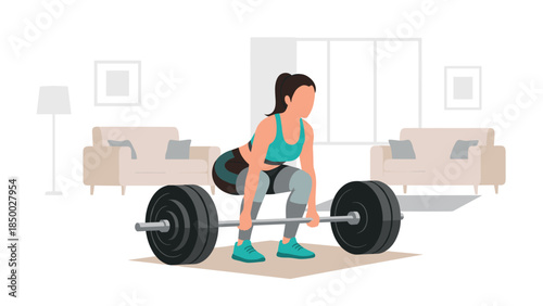 Fitness enthusiast performing deadlift at home in modern flat design