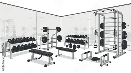 Monochrome gym equipment in modern fitness center setting
