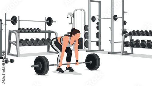 Woman lifting weights in gym with modern fitness equipment in minimalist style