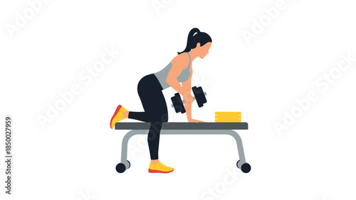 Woman doing dumbbell row exercise on workout bench in flat design