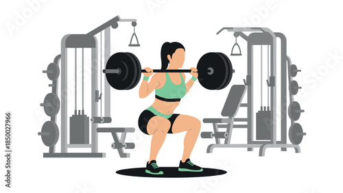 Woman performing barbell squat in gym with fitness equipment in background