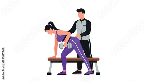 Personal trainer assisting woman with dumbbell exercise in gym setting