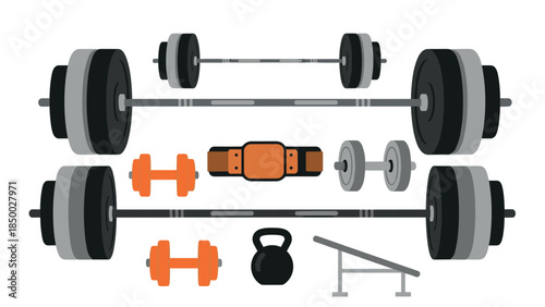 Gym equipment collection featuring barbells, dumbbells, and kettlebell in flat design