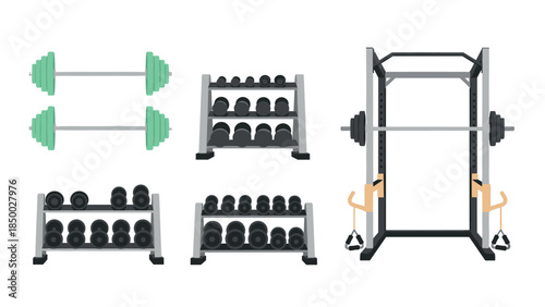 Gym equipment collection featuring dumbbells and weightlifting rack