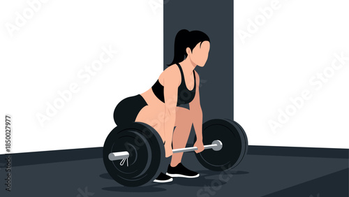 Faceless woman in gym performing deadlift exercise with barbell in minimalist setting