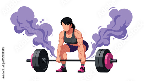 Powerlifting female athlete in dynamic pose with smoke effect