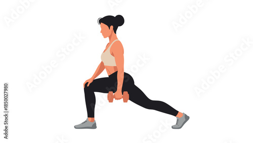 Flat style female athlete performing dumbbell lunge exercise against white background