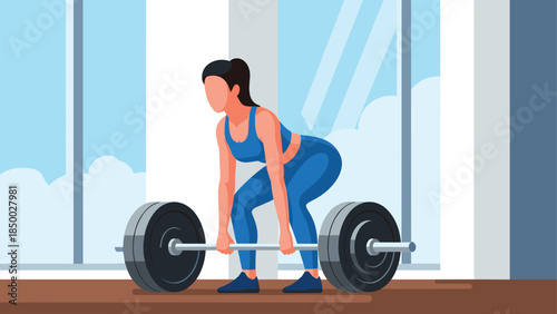 Athlete lifting weights in modern gym room with large windows in flat design