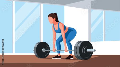 Woman lifting barbell in modern gym setting, fitness motivation concept art