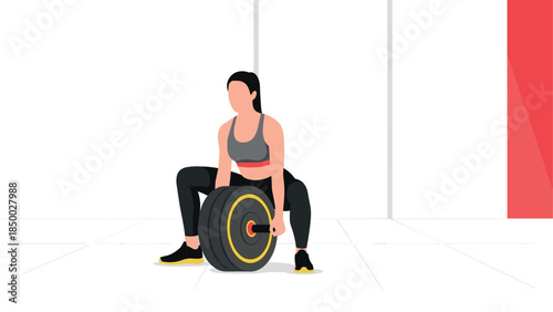 Woman lifting barbell in modern gym setting with minimalist design