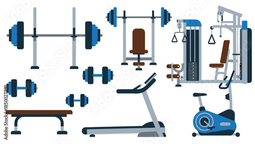 Modern gym equipment collection: flat style fitness tools for workout spaces